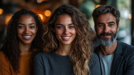Fototapeta premium Portrait of three diverse smiling people, a young woman with wavy hair in the center, a curly-haired woman on the left, and a bearded man on the right, standing closely in a warmly lit cafe.