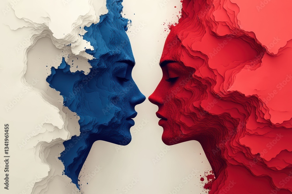 Poster contrasting profiles of two faces designed with textured colors representing unity and diversity