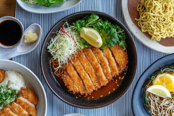 Multiple bowls of various delicious food items are viewed from above