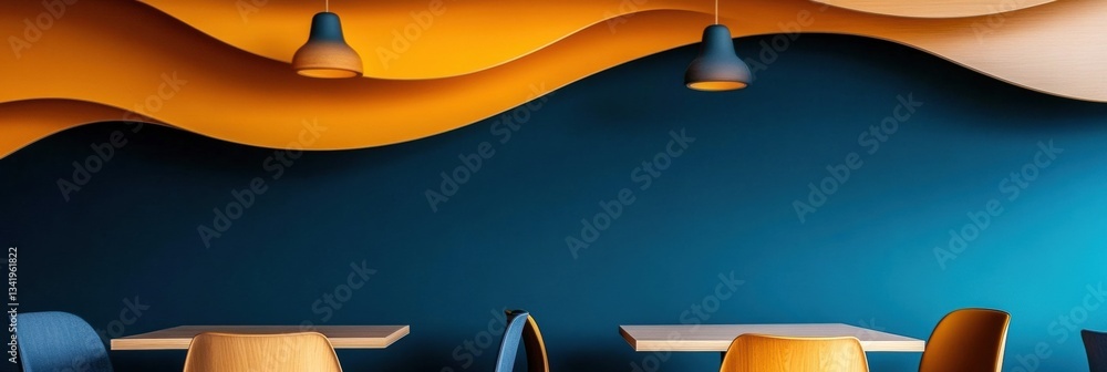 Aufkleber Immersive Workspace Design Fluid Color Gradient Cafe Interior with Ergonomic Seating and Dynamic Architectural Lighting - Modern Collaborative Environment