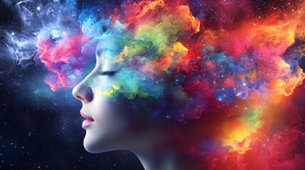 Imagination Unleashed: A captivating portrait unveils a woman immersed in vibrant thoughts, with colorful nebulas swirling above her head, symbolizing creativity and the boundless realms of the mind.