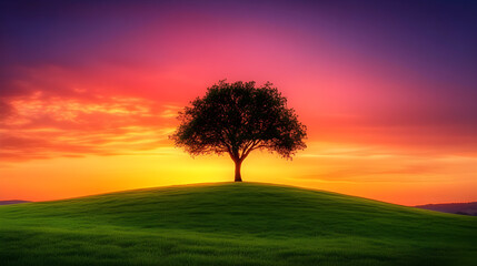 Obraz premium Stunning Sunset Silhouette: A Serene Landscape with Vibrant Sky and Lonely Tree