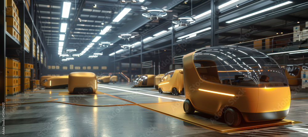 Poster futuristic logistics hub with autonomous delivery robots and drones in a sleek warehouse setting