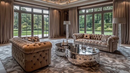 Luxurious living room with garden view, comfortable seating, and modern coffee table