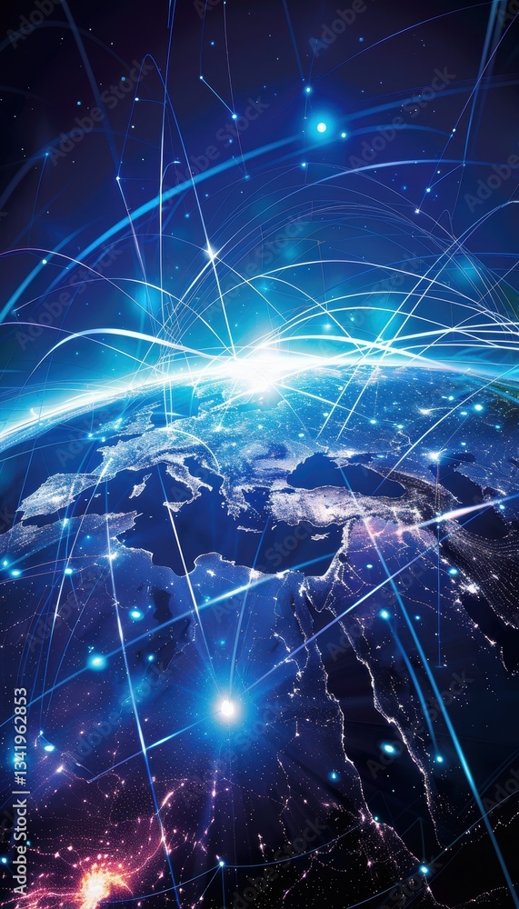 Poster global connectivity: high-tech globe with vibrant light trails in a dark background