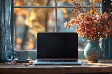 Cozy Autumn Workspace Laptop, Coffee, Flowers by Window