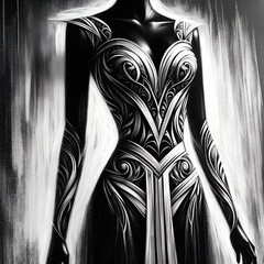 A sleek and elegant white dress with an asymmetrical design, depicted in an expressionism style