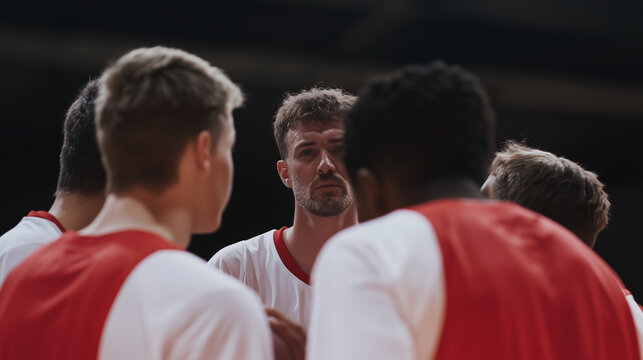 Basketball team huddling with coach during timeout