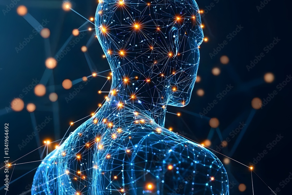 Poster the digital human: a futuristic illustration of a human form overlaid with a network of interconnect