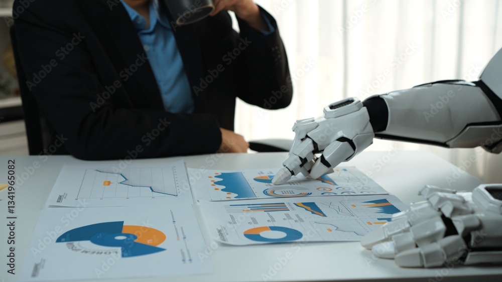 Poster a robot assistant engages in a business meeting, providing analysis of charts and graphs, highlighti