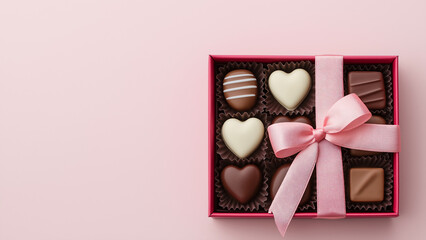 Pralinen in rosa Geschenkbox mit Schleife, isoliert auf rosa Hintergrund, Grußkarte für Valentinstag, Muttertag und Geburtstag
