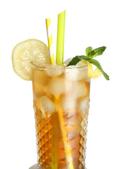 Glass of ice tea with lemon and mint on white background