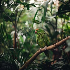 Green parrot perched on branch surrounded by lush greenery and natural light.