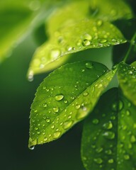 Close-up of green leaves with glistening water droplets