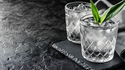 Refreshing clear drinks on slate with dark background