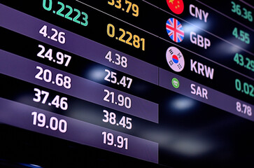 This image shows an electronic display board featuring foreign exchange rates and financial market data. The numbers indicate exchange rates for various currencies, including the Chinese Yuan (CNY)