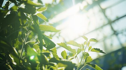 Sunlight Filters Through Greenhouse Glass, Illuminating Lush Plants