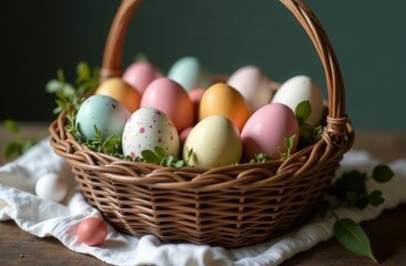 Easter still life with a basket filled with painted eggs, fresh colors, vertebrae branches and Easter cake