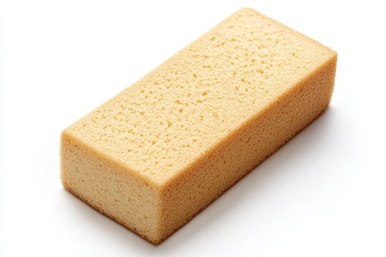 Rectangular yellow cake slice isolated against a clean white backdrop