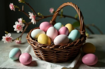 Easter still life with a basket filled with painted eggs, fresh colors, vertebrae branches and Easter cake