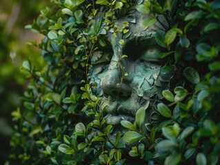 Green Vegetation Enveloping a Face Statue Symbolizing Man and Nature's Harmony