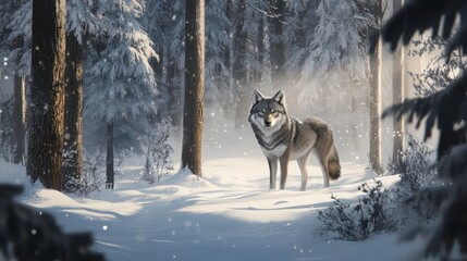 A majestic wolf stands alert in a snowy forest, its gaze focused in the distance. Perfect for wildlife documentaries, nature publications, or projects conveying strength and wilderness.