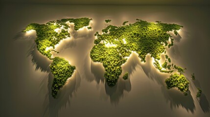 Creative Eco-Friendly Green World Map Art Installation with Bright Lighting