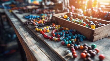 Colorful Beaded Necklaces Displayed on Rustic Wooden Table