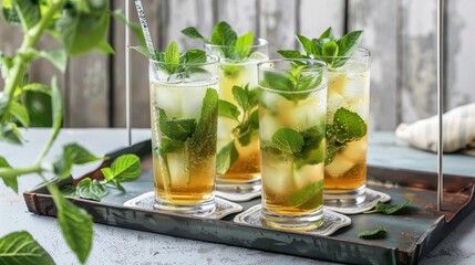 Refreshing Cocktails in Tall Glasses with Fresh Mint on a Tray