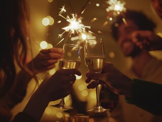 Friends Celebrating Together with Wine and Sparklers Indoors