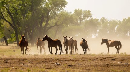Horses Moving Through Dust with Trees in Natural Light