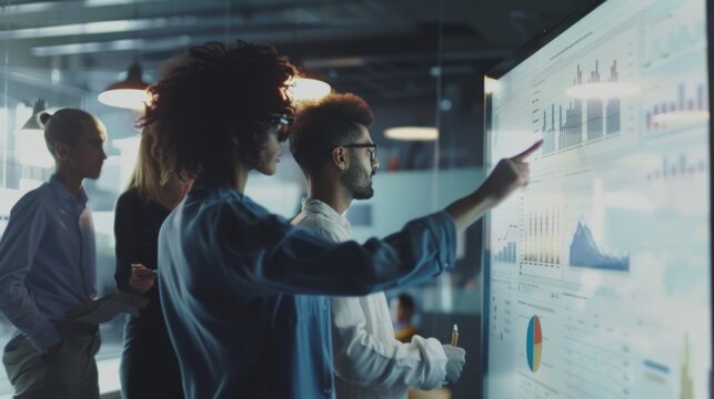 Office meeting with group discussing data on whiteboard and drawing graph.