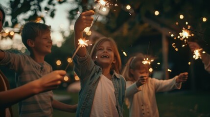 People Celebrating Together with Sparklers in Soft Evening Light