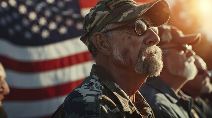 Veterans Standing Proudly Against an American Flag Background