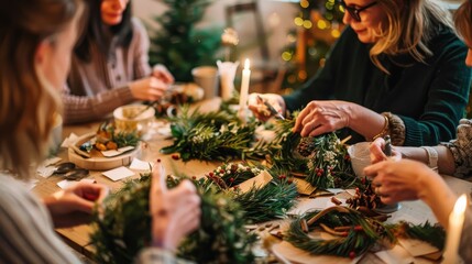 Festive Gathering with Guests Crafting and Decorating Wreaths Indoors