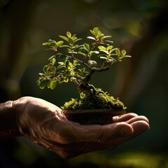 Delicate living bonsai miniature tree held in hand under soft lighting