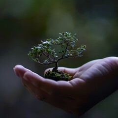 Gentle hands holding a miniature bonsai with intricate leaves