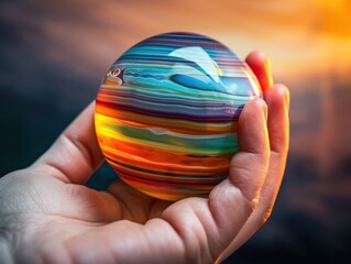 Colorful layered sphere held in hand under bright studio lighting.