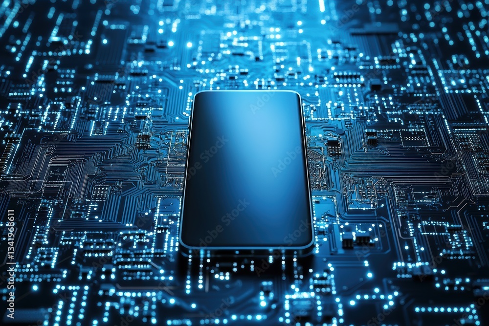 Poster high-tech smartphone on a circuit board background showcasing advanced technology