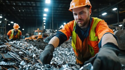 Workers sorting scrap metal at a large recycling facility, piles of aluminum, steel, and copper