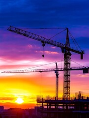 Sunset Construction Cranes Silhouette - Construction cranes silhouetted against a vibrant sunset, symbolizing progress, industry, ambition, development, and the future