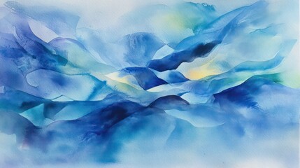 Obraz premium Abstract watercolor painting with flowing shades of blue, creating a calming and ethereal atmosphere. Ideal for backgrounds, websites, or projects conveying tranquility, depth, and mystery