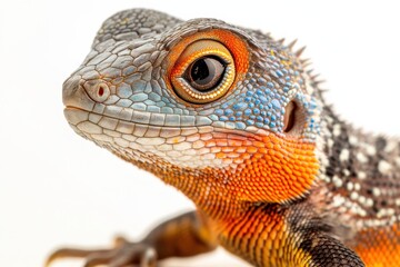 Fototapeta premium Exotic lizard showcasing vivid colors and striking features in a close-up view on a plain background