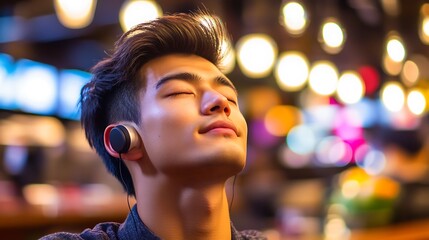 Relaxed man listening to music in a vibrant cafe