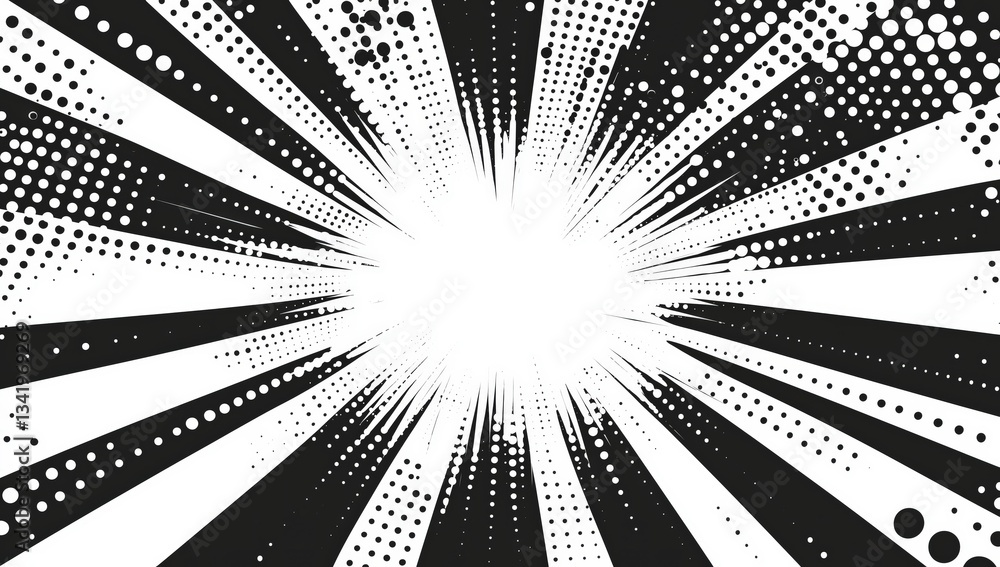 Poster burst of energy: a dynamic illustration featuring a burst of energy, with radial lines and halftone 