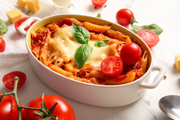Baking dish of pasta with tomato sauce and cheese on white background