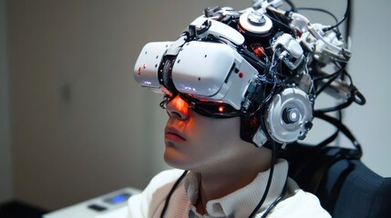 Person wearing futuristic augmented reality headset with intricate wiring and lights