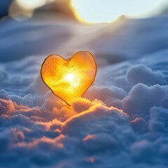 Fototapeta premium Glowing heart surrounded by soft snow, symbolizing warmth in winter.