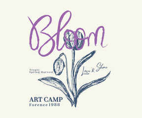 Flower hand drawn vector art, Abstract flower art with brush texture, Vintage art camp poster design, French art workshop poster design 