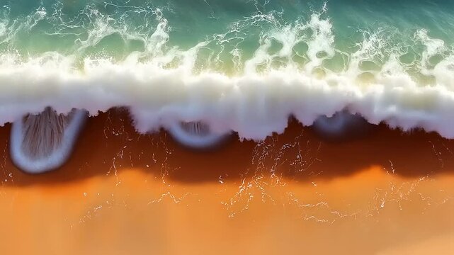 Aerial view of waves crashing onto a sandy beach, with foamy patterns and gentle surf in the background